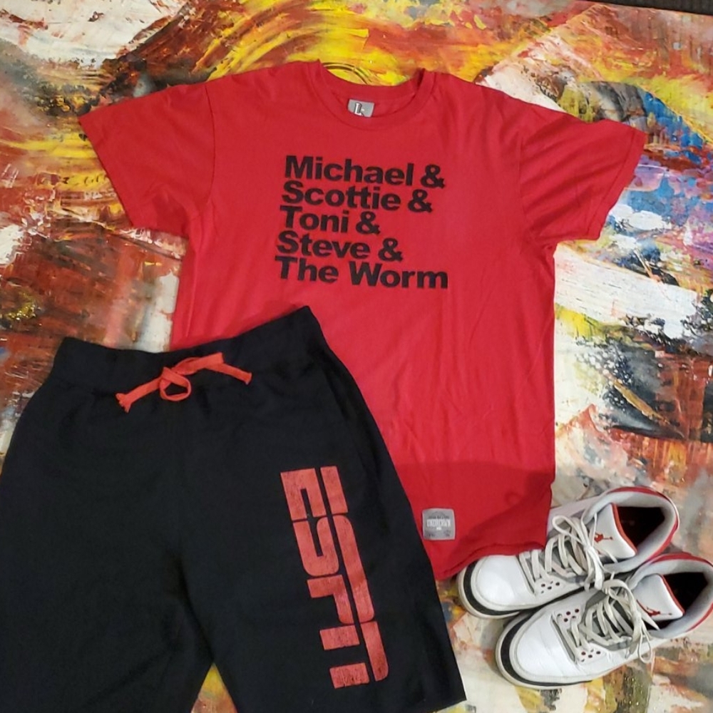 ESPN sweat shorts and UNDRCRWN NYC Bulls i…
